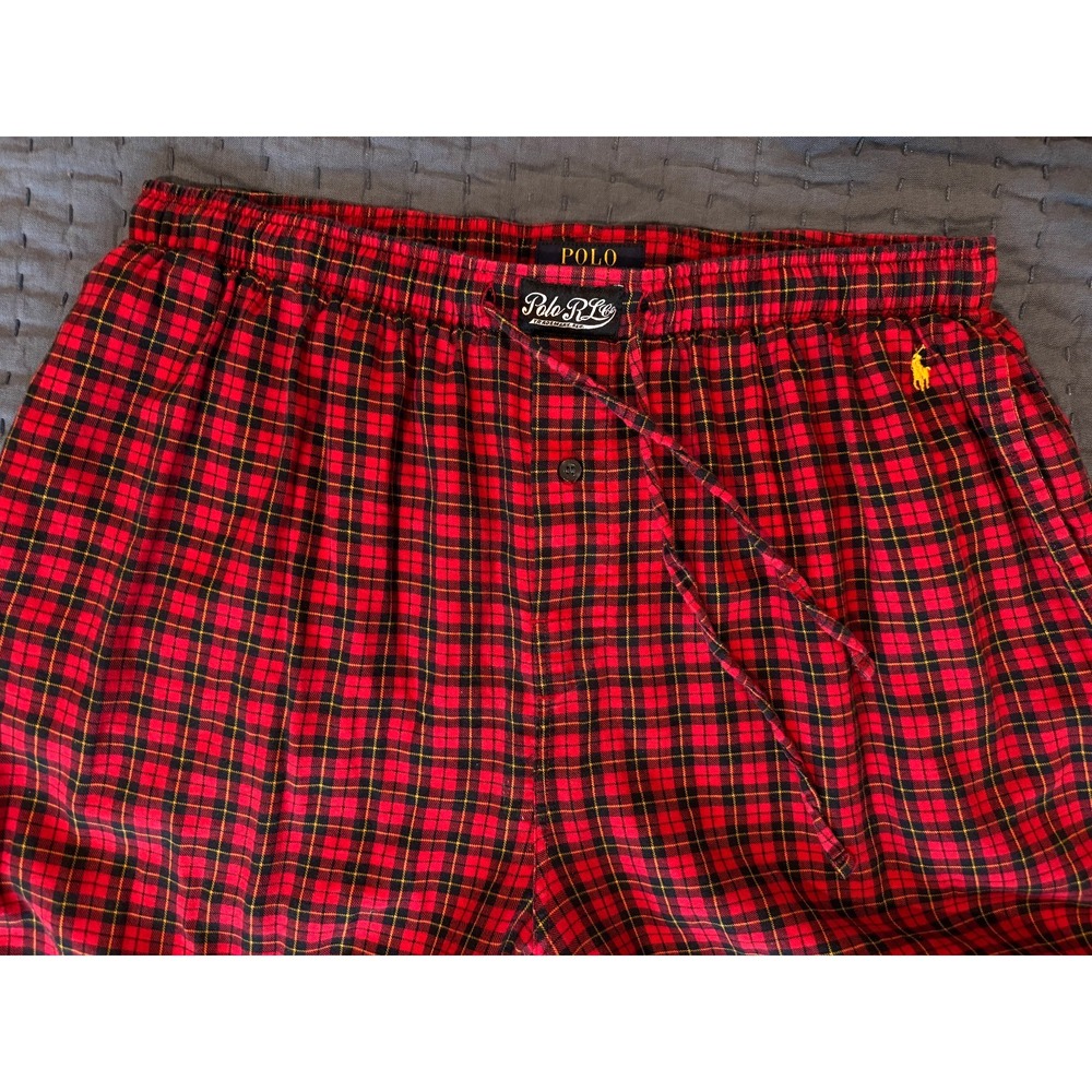 Polo Ralph Lauren Sleepwear PJ Pants Red Tartan Micro Plaid Men's L Yellow Pony